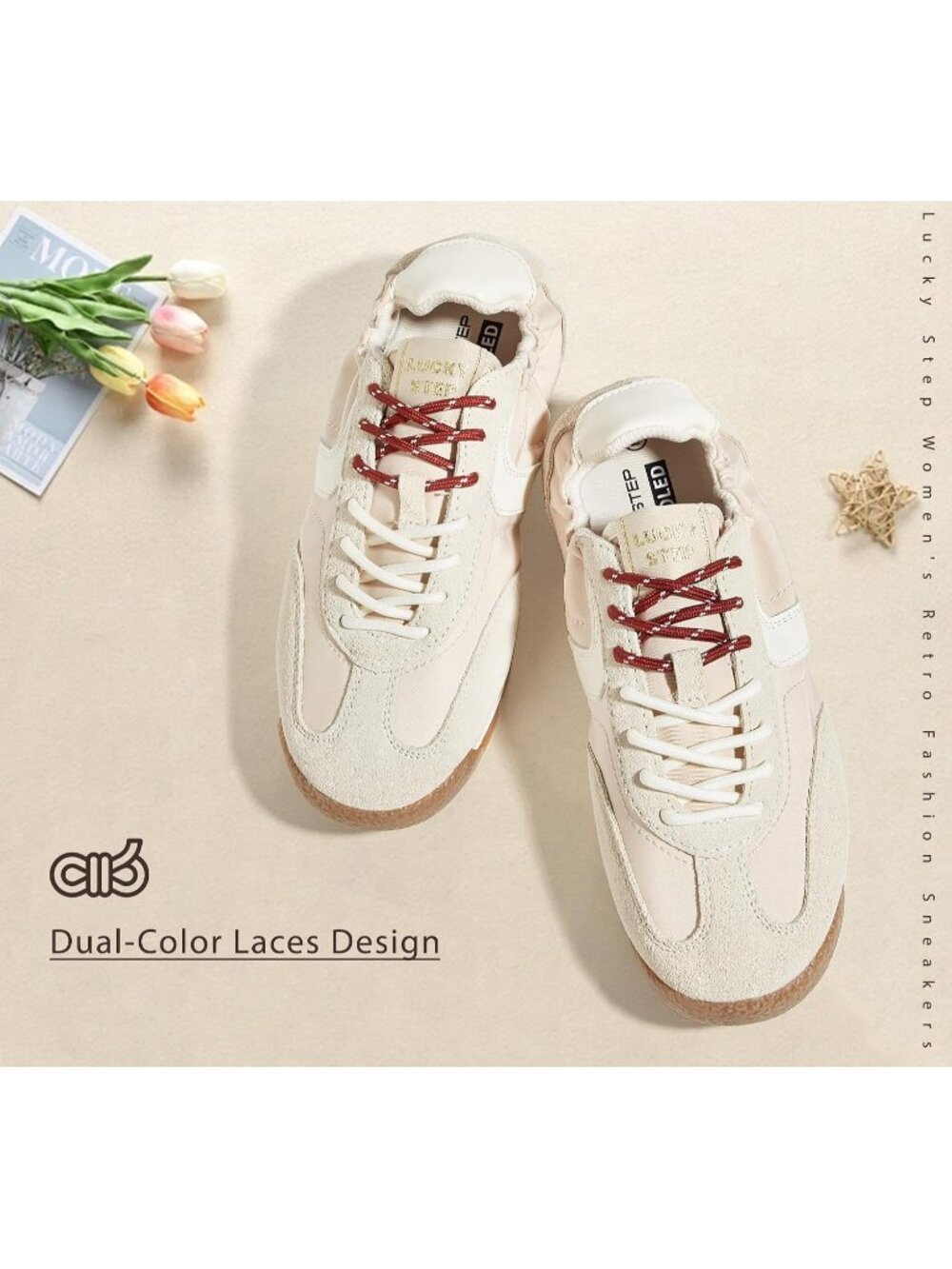 Women's Beige Comfortable Non Slip Retro Lightweight Trendy Fashion Sneakers - Picture 3 of 7
